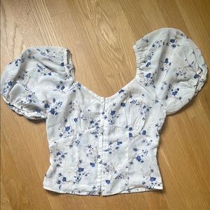Floral Puff Sleeve Top - White and Blue